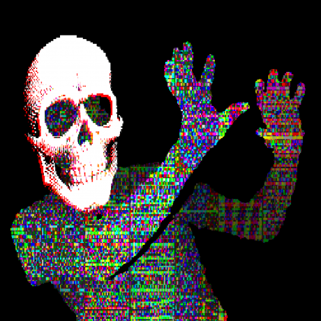 Digital illustration of a body in multiple colors with a skull.